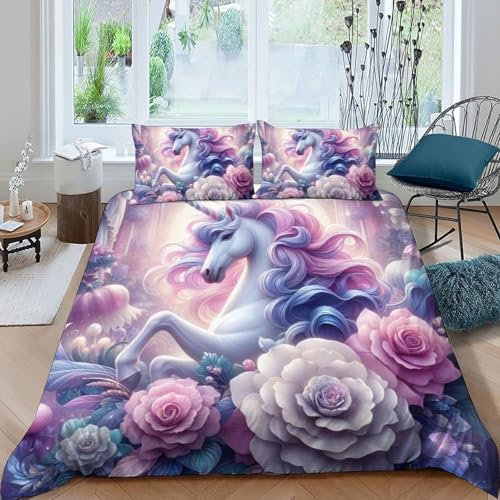Housse de couette rose Pegasus 3D microfibre lit double résolvant le problème de décoloration - 3