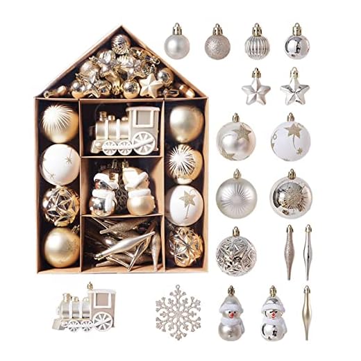 Conjunto de enfeites de árvore de Natal, 70 peças, sortidos à prova de estilhaçamento para bolas de Natal com caixa de presente em forma de casa, conjunto de enfeites pendurados para