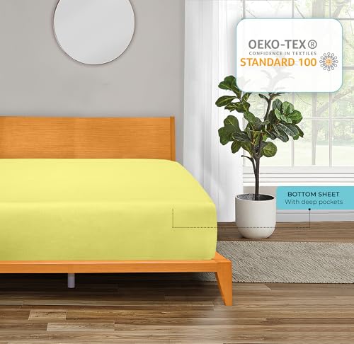 Image of ROYALE LINENS 300 Thread Count 100% Long Staple Combed Cotton Fitted Sheet Queen - Super Soft Deep Pocket Bottom Sheet - Fitted Sheets Only - Elastic Sheets (Queen, Yellow)