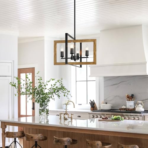 17\" Farmhouse Chandelier, 4-Light Rustic Chandelier for Dining Room Light Fixture, Adjustable Wood Hanging Light Fixture for Living Room, Kitchen, Foyer, Bedroom and Entryway