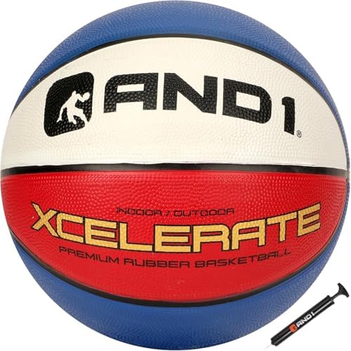 AND1 Xcelerate Rubber Basketball (Deflated w/Pump Included): Official Regulation Size 7 (29.5”) Streetball, Made for Indoor/Outdoor Basketball Games