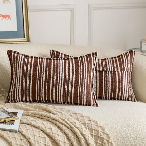 Madizz Juego de 2 Funda de cojíns Decorativas de Bucles con Borde Neutras Boho Fundas de Almohada Rayada para Sofá Dormitorio Salón Rojizo óxido Rectangular 30 x 50 cm