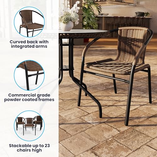 Image of EMMA + OLIVER Set of 2 Modern PE Rattan Stack Chairs, Indoor /Outdoor Patio Dining Chairs, No Assembly Required, Brown