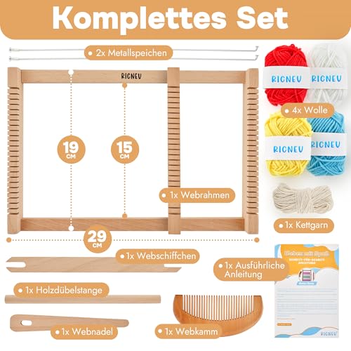 RICNEV® Webrahmen für Kinder |Hochwertiger Holz Webrahmen Komplett-Set inkl. vier Wollfarben, Kettgarn und Zubehör aus Holz Webbreite 15 cm | Schulwebrahmen für Anfänger