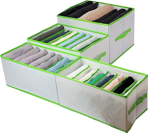 4 Packs (Light Green), Upgraded Sturdy Wardrobe Clothes Organizer, Build In Pp Board, 7 Grids Storage Box, Washable Clothes Organizer For Folded Clothes, Sweater/Shirts/Pants/Jeans Organizer - Xl(1Pcs), L(1Pcs), M(2Pcs) #TOP9