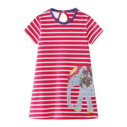 Vestido De Las Niñas De Los Niños Manga Corta Casual Algodón Raya Historieta Animal Lindo Aplique Patrón De Elefante Vestido Niña Camiseta 1-8 Años (Rosa Roja)