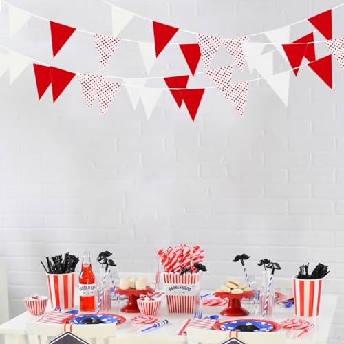 Image of Zwiebeco 39Ft Red White Dot Fabric Bunting Banner Triangle Flags Cotton Garland Pennant for Birthday Wedding Engagement Carnival Party Classroom Nursery Home Outdoor Garden Decorations