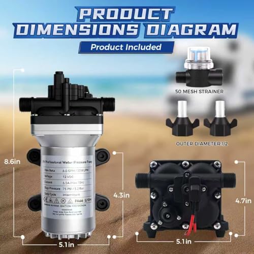 Image of [Upgraded Version] 12V DC RV Fresh Water Pump, 6.0GPM 75PSI, Five Chamber Self-Priming Diaphragm Pump with Heavy Duty Pressure Switch & Strainer for RV, Marine, Yacht, Caravan, Camper