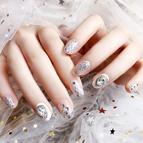 Sethexy 24Pcs Glossy Oval False Nails White&Lucency Rhinestone Sequins Full Cover Art Fake Nails Tips for Women and Girls