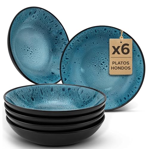 Twinzee Vajillas Completas 6 Personas de Gres Azur Resistente - 6 Platos Hondos estilo Riviera - Apta microondas Twinzee Vajillas Completas 6 Personas de Gres Azur Resistente - 6 Platos Hondos estilo Riviera - Apta microondas