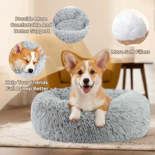 Calming Anti-Anxiety Donuts Dog And Cat Bed, Round Fluffy Soft Washable Small Medium Pet Bed For Puppy And Kitten, Cuddler Warming Comfortable Cushion, Luxury Anti-Slip Waterproof Mute Base 20in Gray - Image 5