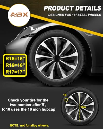 Image of ABX Hubcaps, 16 inch hubcaps Set of 5, Wheel Rim Cover ABS Material, Snap On Car Truck SUV Replacement, for Toyota Camry Nissan Mazda etc, Black & Silver