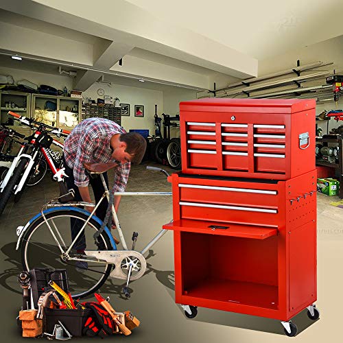 8-Drawer Rolling Tool Box, Rolling Tool Chest with Drawers and Wheels, Tool Storage Cabinet with 4 Swivel Wheels (2Pcs with Brake), Keyed Locking System Tool Organizer (Red)