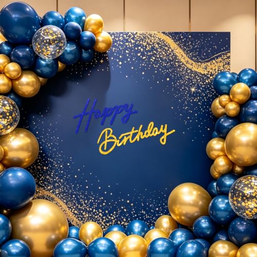Image of TONIFUL Happy Birthday Sign for Backdrop - Glitter Navy Blue Gold Felt Banner - Includes Dot Glue - Perfect for Birthday Party Backdrop,Wall Decr,Balloon Arch,Photo Background