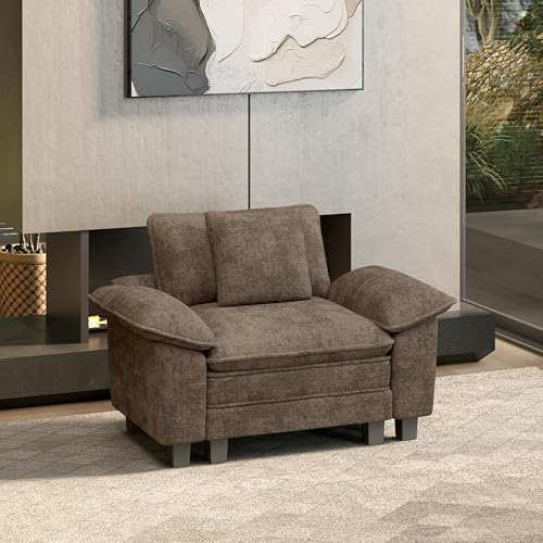 Image of HERA'S HOUSE 1-Seat Modular Couch Accent Chair Sofa with Throw Pillow | Modern 53.5 inch Single Seat, Grayish Brown, Wider Armrest, Comfy Deep Seat, Soft Chenille Sofa Chair for Living Room