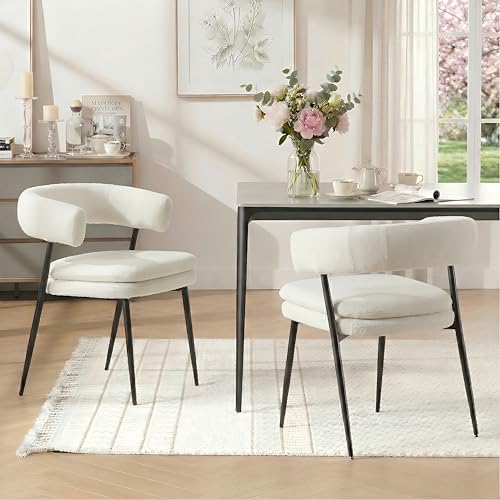chairus Chaises de Cuisine Lot de 2 en Tissu Chenille Chaise Salle à Manger avec Double Coussin Rembourré Chaise de Salon avec Pieds Métal, Blanc