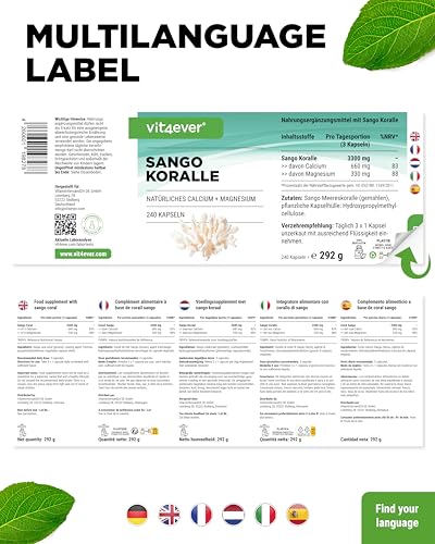 vit4ever Sango Meereskoralle - 240 Kapseln (3 Monate) - 660 mg Calcium & 330 mg Magnesium - Natürliche Kalzium- und Magnesiumquelle - Hochdosiert