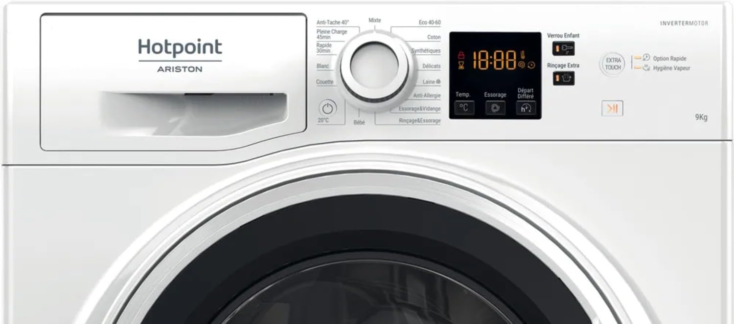Hotpoint - NS9479WWFR Lave-linge Hublot Posable - Capacité 9 kg - Chargement Frontal, 1400 tr/min - Moteur Induction, Anti-tache, Hygiène Vapeur - Départ Différé - Classe Énergétique A - Blanc