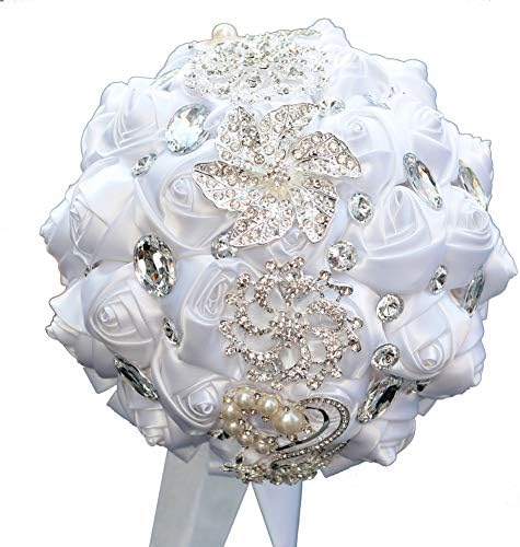 DOTKV Wedding Bouquet, Artifical Rose Posy with Satin Jeweled Throw Bouquet, Bridesmaid Holding Flowers,Wedding Bouquets Silk Flower, Wedding Memories Forever (Pure White)