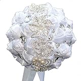 DOTKV Wedding Bouquet, Artifical Rose Posy with Satin Jeweled Throw Bouquet, Bridesmaid Holding Flow