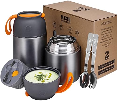 MAXSO 2 Pack Soup Thermos for Hot & Cold Food for Kids Adults, Vacuum Insulated Food Jar Thermal Lunch Containers, Travel Food Flask with Spoon (24oz,17oz) (Grey)