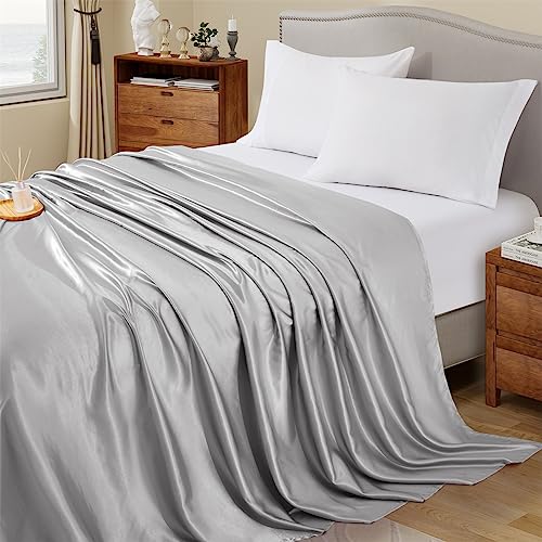 Image of Ersmak Satin Flat Sheet Only, Single Flat Sheet Twin, Luxury & Ultra Soft Silky Bedding Top Sheet for Twin Mattress - Grey