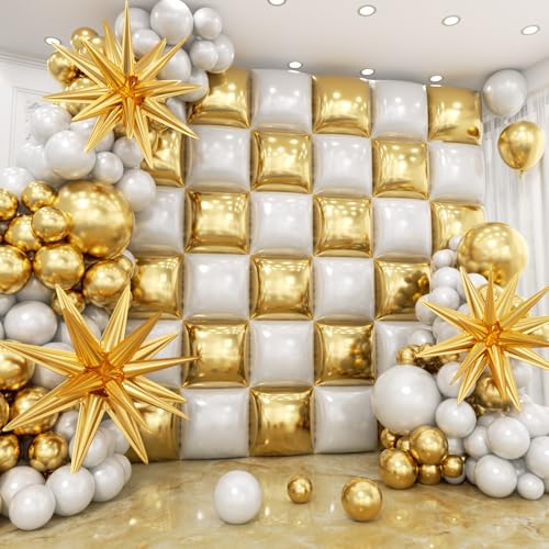 Image of 36pcs White and Gold Square Foil Balloons Wall Backdrop with 147pcs Balloon Garland Arch Kit, Double Sided Balloons for Wedding Engagements Birthday Bridal Shower Anniversary Party Decorations