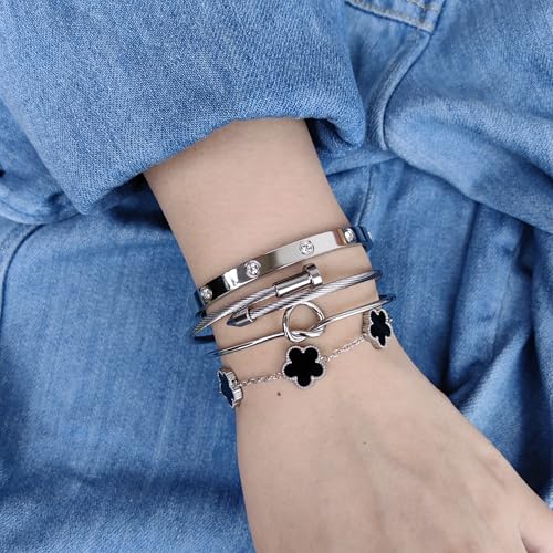 MAOCEN Womens 4Pcs Stackable Floral Gold Bracelets Stainless Steel Bangle Bracelets Non Tarnish Silver Set Trendy Jewelry Gifts for Womens (Silver and Black, Large 7in) by MAOCEN - Used condition - Image 6