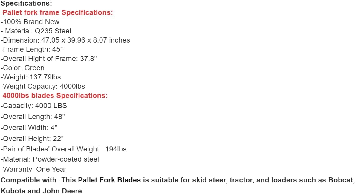 45" Frame Skid Steer Tractor W/ 48" Blades Pallet Fork Quick Attachment 4000LBS