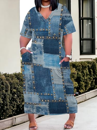 Image of SUZONANA Plus Size Denim Print Maxi Dresses for Women Casual V Neck Short Sleeve with Pockets Soft Jean Look Dress XL-6XL