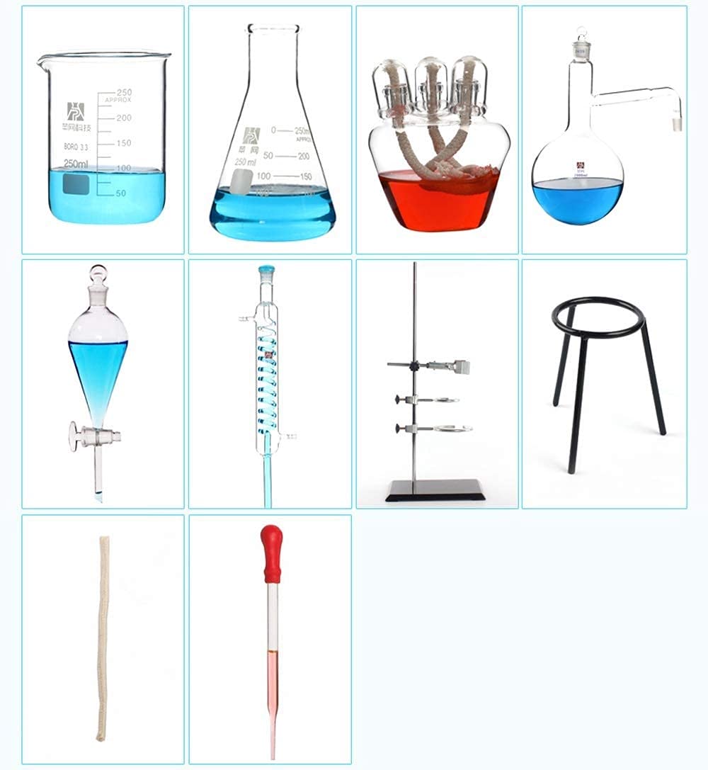 Kit di Strumenti per Laboratorio Chimico Professionale in Vetro, Scienza Industriale con Materiale Didattico per Attrezzature per Esperimenti con Struttura in Ferro