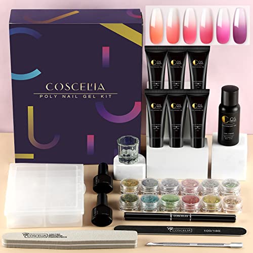 Poly Nail Gel Kit 6Pcs Builder Extension Gel With Slip Solution Color Changing Gel Nail Polish Set Gel Top Base Coat Nail Art Glitter Rhinestone For Beginner Diy At Home #TOP6