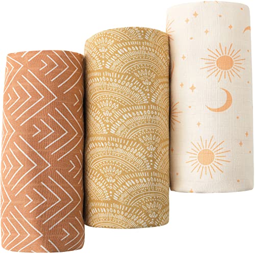 Image of Little Jump Muslin Swaddle Blankets -Boho Baby Blanket for Boys & Girls- Large 47 x 47 inches Receiving Blanket Neutral (Sunshine & Moon)