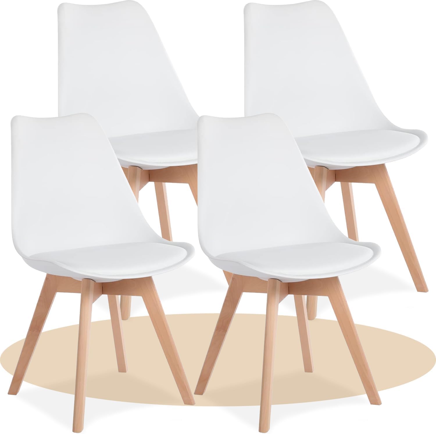 Sillas de Comedor, Sillas de Cocina con Respaldo Ergonómico, Asiento Acolchado Tapizado y Patas de Madera Maciza de Haya (Blanco, 4 Sillas)