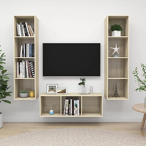 HETFTJN 3-teiliges TV Sideboard Wand-Hängeschrank Set Sonoma Eiche Holzwerkstoff Massiv 37 x 37 x 107/142,5 cm Modern & Platzsparend für Wohnzimmer
