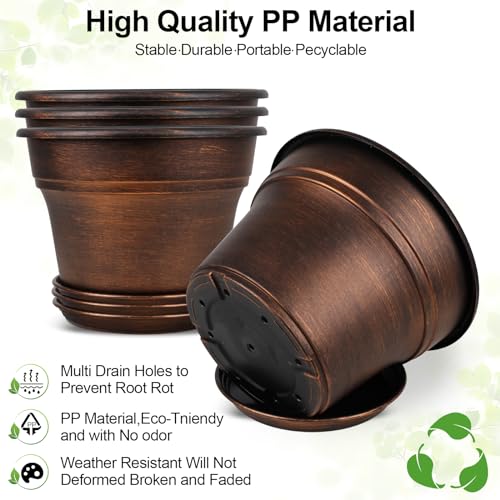 Plant Planters Pots Set of 4 Pack 16 Inch，Large Plastic Flower Pot For Indoor Plants With Drainage Holes & Trays, Resin Decorative Container Sets With Saucer For House Outdoor Garden Plant Copper by Fodetyff - Image 4