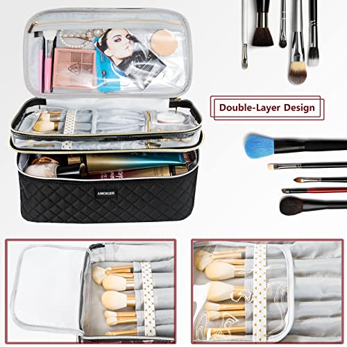 Amoigee Large Makeup Bag, Travel Makeup Bag Organizer, Double Layer Train Case Makeup Bag, Toiletry Bag For Makeup Brushes, Full Size Bottles, Palettes Sponge, Cosmetic Organizer, Black #TOP3