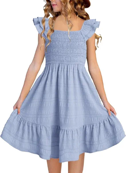 DOKOTOO KIDS Girls Summer Dresses Cute Double Layer Ruffle Sleeve Smocked Flowy Dress 6-15 Years