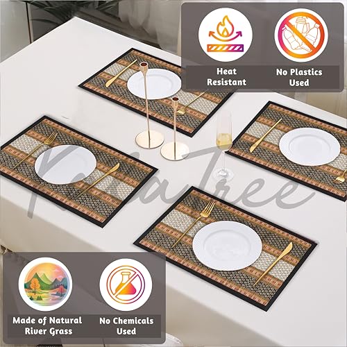 Image of Table Mats Set of 4 Handmade Reversible Heat Resistant | River Grass Dining Placemats Zero Plastic | Natural Madurkathi Eco Friendly | Rustic Boho Dcor | Royal Black Four Mats