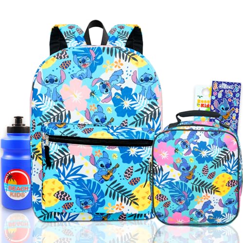 Disney Mochila Stitch e lancheira para meninas – Pacote com mochila escolar de 41 cm, lancheira, garrafa de água, adesivos, mais | Mochila Lilo e Stitch com lancheira para crianças