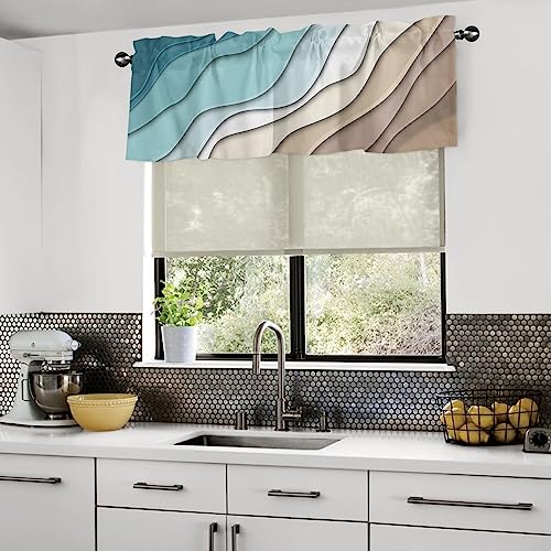 Teal Blue Modern Geometric Curtain Valance for Windows Rod Pocket Valance Window Treatments Turquoise Brown Abstract Ocean Wave Short Curtains for Kitchen Windows Bathroom Bedroom 42x12in by TweetyBed - Image 2