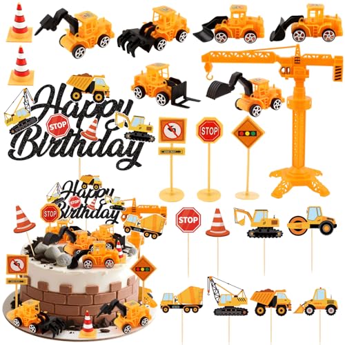 21PCS Construction Cake Toppers Truck Cake Decoration Set Excavator Tractor Tower Crane Cupcake Topper Traffic and Road Sign for Construction Happy Birthday Party Supplies