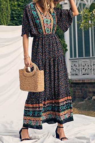Prettygarden Women'S Casual Summer Boho Floral Print Dress V Neck Short Sleeve High Waist Long Maxi Beach Dresses thumb #2