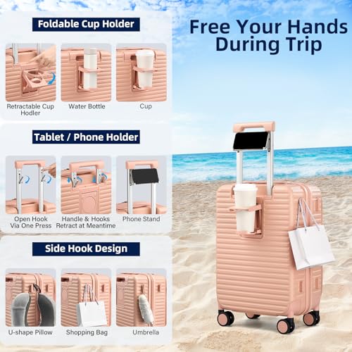 HanTrip 20 Inch Top Opening Hard Shell Carry on Luggage with Wheels, Pink — view 3