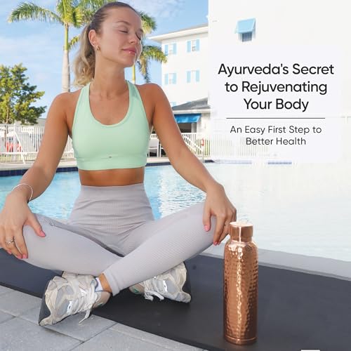 Image of Set of 2 Copper Water Bottles with Cups - 34 oz Hammered Finish Pure Copper Bottles with Drinking Cups | Leak-Proof Vessel for Yoga, Gym, Office & Travel