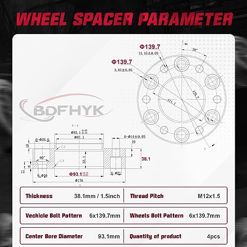 Image of BDFHYK 6x139.7mm Wheel Spacers 1.5 inch Hubcentric Wheel Spacer Compatible with Ranger Bronco,Forged 6 Lug Wheel Adapters M12X1.5 & 93.1 mm Hub Bore, Set of 4