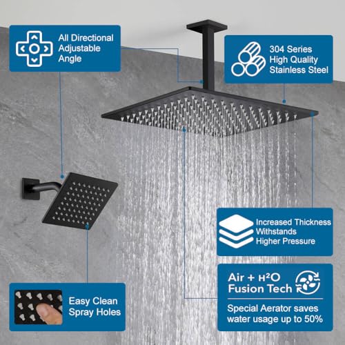 Juego de grifería para ducha en negro mate, sistema de ducha tipo lluvia para baño con cabezal de ducha de 12 pulgadas para montaje en techo y cabezal de ducha de 6 pulgadas para montaje en pared, incluye válvula y kit de acabados miniatura 3