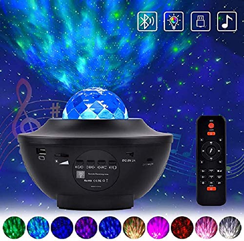 Preisvergleich Produktbild Sternprojektor Nachtmusiklicht, LED Sternennachtlichtlampe & Ozeanwellenprojektor, Musik Bluetooth-Lautsprecher Fernbedienung Timer 10 Farben für Kinder Erwachsene Geschenke (Schwarz)
