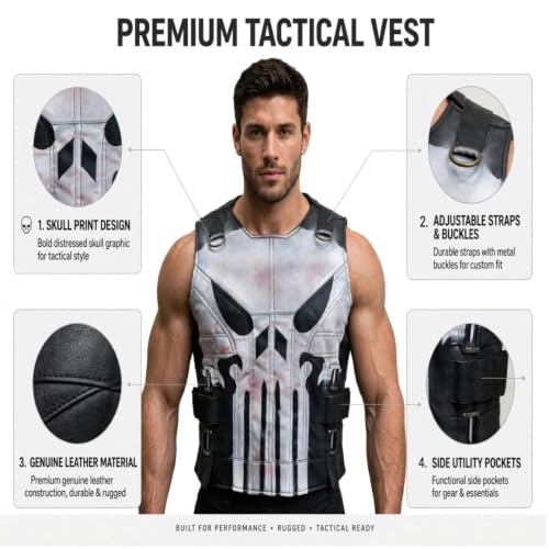 Men's Punisher Season 2 Skull Frank Castle Motorcycle Black Real Leather Vest Costume (US, Alpha, Small, Regular, Regular, Black) by AR Leather - Image 5