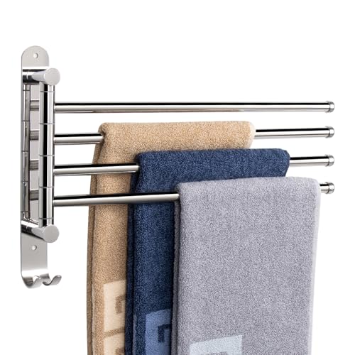 NearMoon Swivel Towel Rack, Thicken SUS304 Stainless Steel 4-Arm Towel Bar, Space Saving Wall Mounted Towel Holder with Hook, Rustproof Swing Out Towel Hanger for Bathroom, Kitchen (Chrome Finish)
